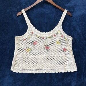 Rebellion Again Womens Crochet Crop Top Size L Cream Embroidered Dainty Festival